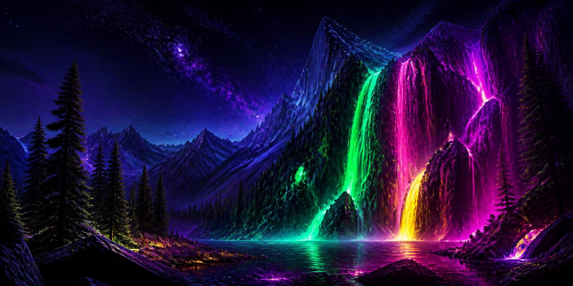 Neon waterfall between mountains and pine forest at night
